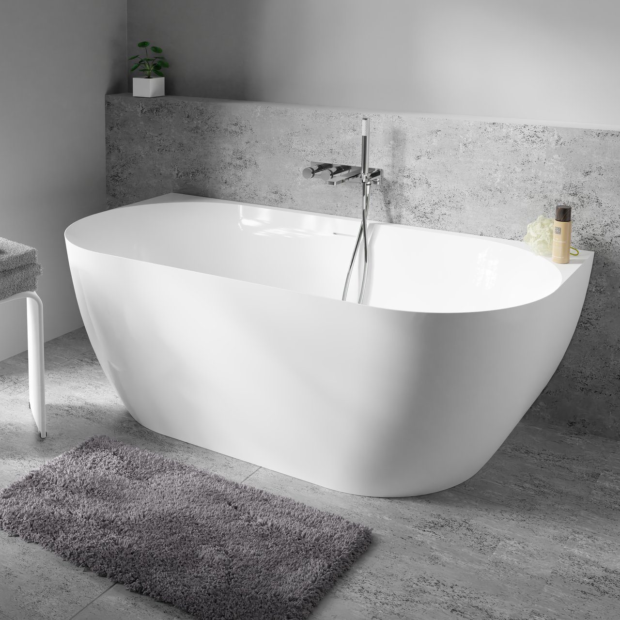 Luca Varess Otello halb freistehende Badewanne: 170 x 80 cm, Acryl, Weiß Glänzend, inklusive Ablaufventil