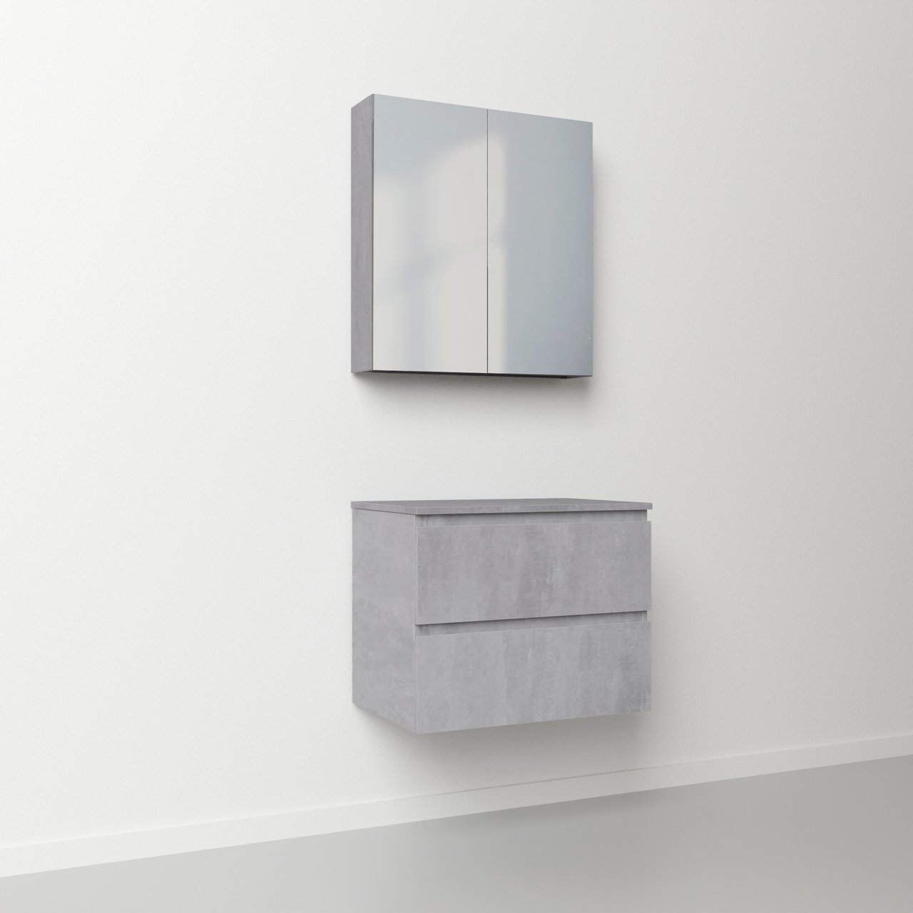 Linie Lado meuble salle de bains suspendu 70 x 46 cm béton gris foncé avec Lado tablette simple en mélaminé béton gris foncé et Montro armoire de toilette