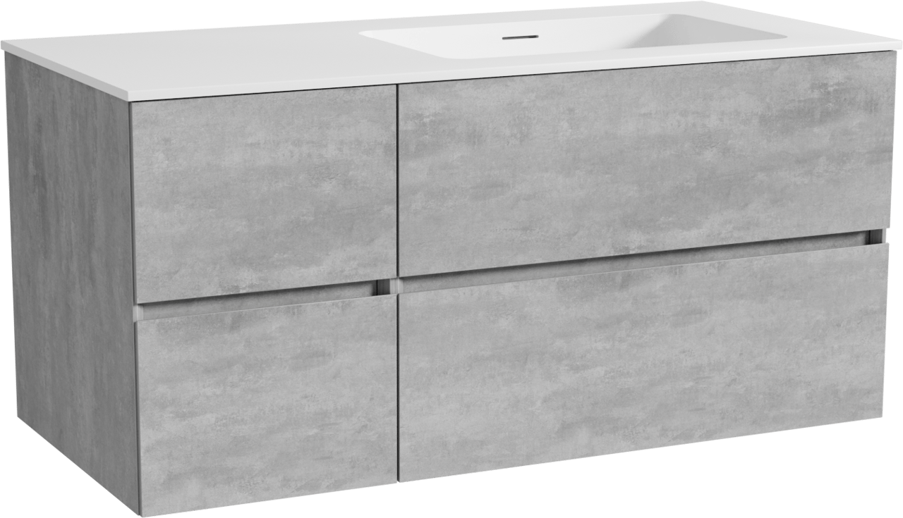 Storke Edge zwevend badmeubel 110 x 52 cm beton donkergrijs met Mata asymmetrisch rechtse wastafel in solid surface mat wit
