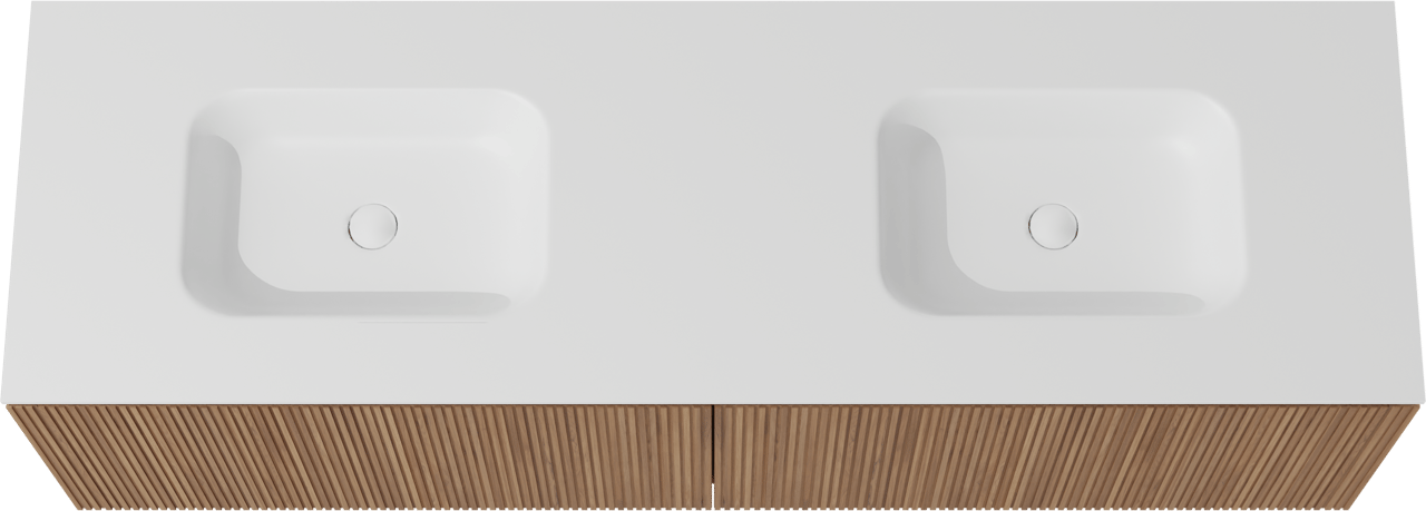 Balmani Eclips meuble salle de bains suspendu 180 x 55 cm Teck avec Tablo Arcato double vasque en Solid Surface blanc mat, Nervure droite symétrique verticale