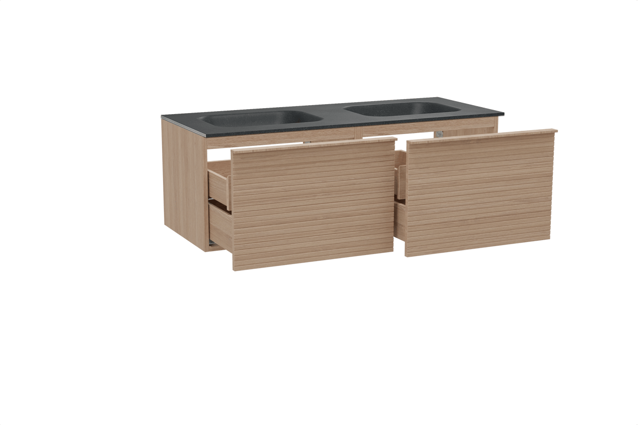 Balmani Forma zwevend badkamermeubel 135 x 55 cm natuur eik met Tablo Arcato dubbele wastafel in graniet zwart, Horizontale symmetrische rechte ribbel