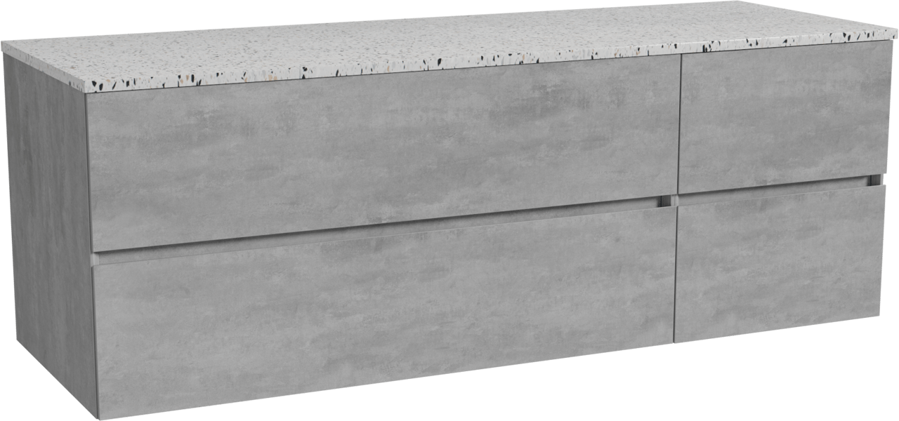 Storke Edge hängendes Möbelstück Set: 150 x 52 cm, Beton dunkelgrau, mit Tavola Einzel- oder Doppel Waschtischplatte, Terrazzo in Weiß/Schwarz matt