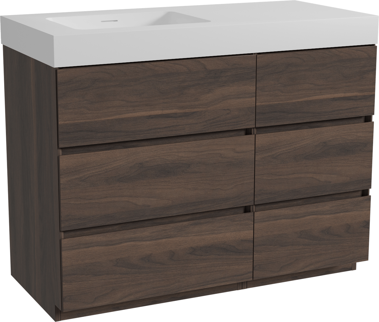 Storke Edge freistehendes Möbelstück Set: 110 x 52 cm, Nussbaum, mit Mata High Waschtisch links, Solid Surface Weiß matt