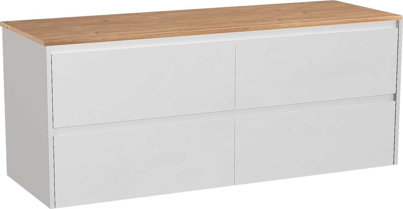 Storke Seda zwevend badkamermeubel 150 x 52 cm mat wit met Panton enkel of dubbel tablet in melamine ruwe eik