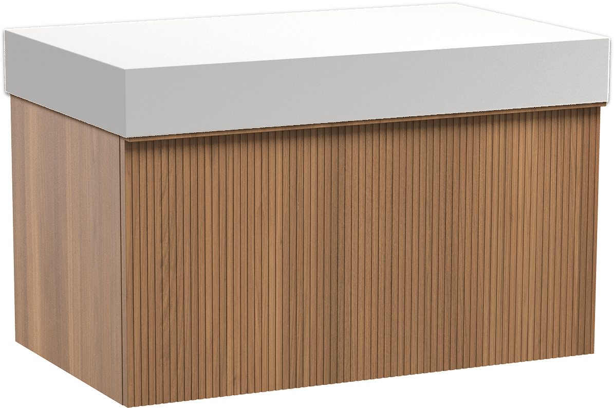 Balmani Forma hängendes Möbelstück Set: 90 x 55 cm, Teak, mit Dominus Einzel Waschtischplatte, Solid Surface, Weiß matt, Vertikale symmetrische gerade Rippe