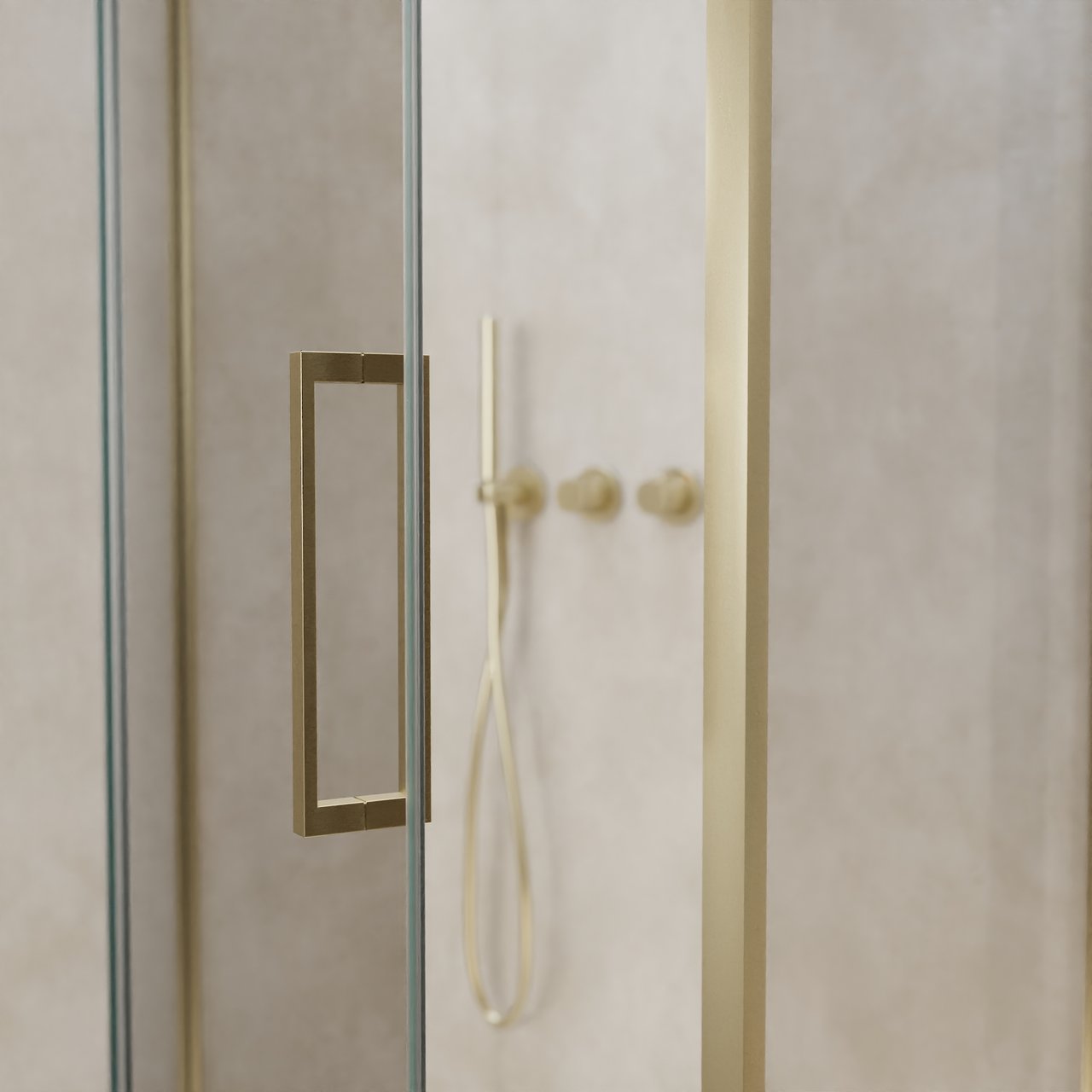 Balmani Senses Design douche en coin avec porte pivotante à gauche et paroi latérale fixe, 100 x 100 cm, Verre transparent, Profil Brushed Champagne Gold