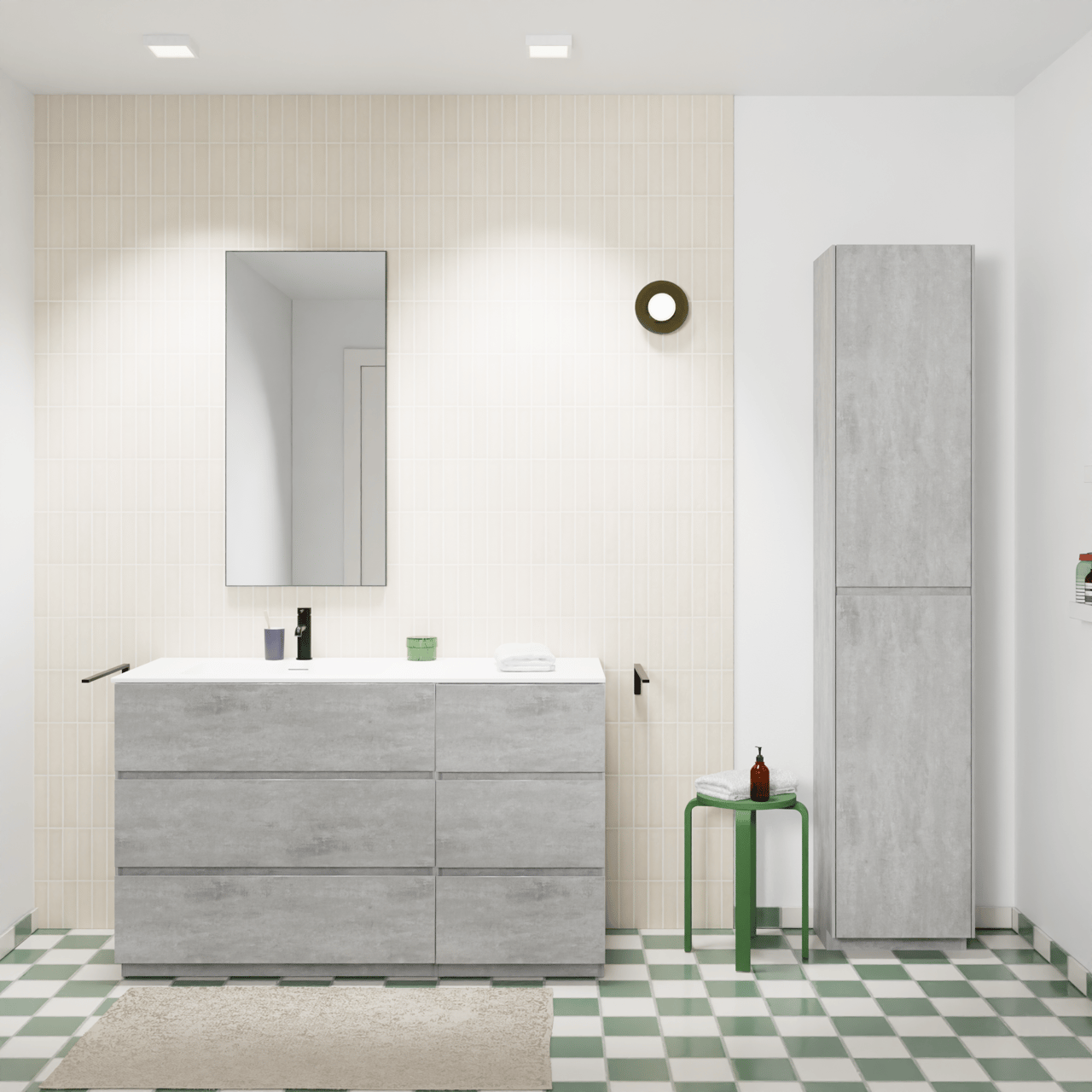 Storke Edge staand badkamermeubel 130 x 52 cm beton donkergrijs met Mata asymmetrisch linkse wastafel in solid surface mat wit