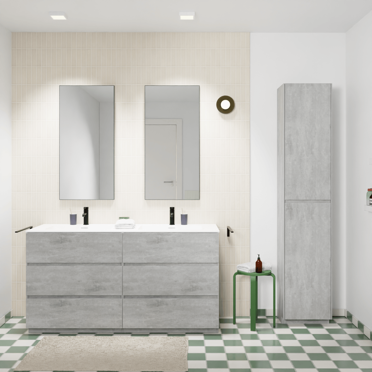 Storke Edge staand badkamermeubel 150 x 52 cm beton donkergrijs met Mata dubbele wastafel in solid surface mat wit