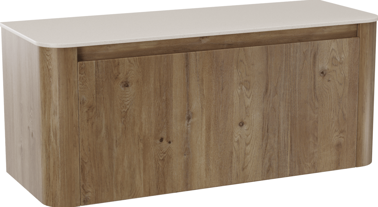 Storke Soft zwevend badkamermeubel 120 x 46 cm ruwe eik met Tavola Soft enkele of dubbele tablet in solid surface beige granita