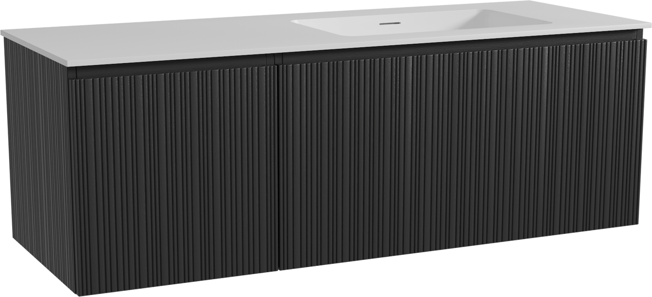 Storke Ribs zwevend badmeubel 140 x 52 cm zwart eiken met Mata asymmetrisch rechtse wastafel in solid surface mat wit, Verticale asymmetrische rechte ribbel