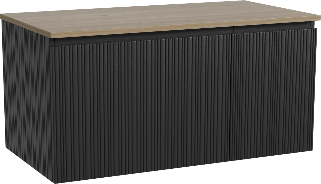 Storke Ribs zwevend badmeubel 100 x 52 cm zwart eiken met Panton enkel wastafelblad in melamine ruw eiken, Verticale asymmetrische rechte ribbel
