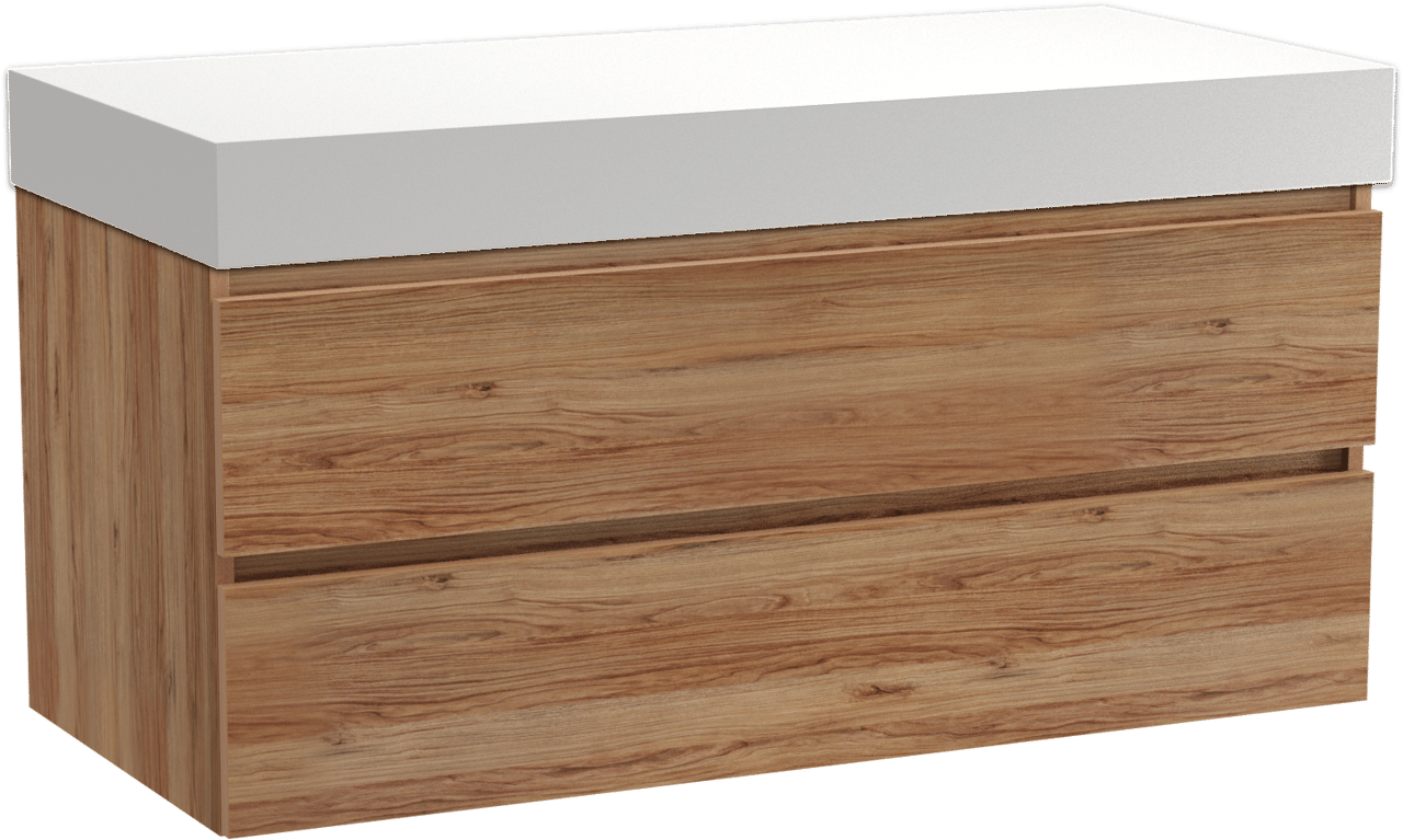 Balmani Lucida zwevend badkamermeubel 120 x 55 cm teak met Dominus enkel of dubbel tablet in solid surface mat wit