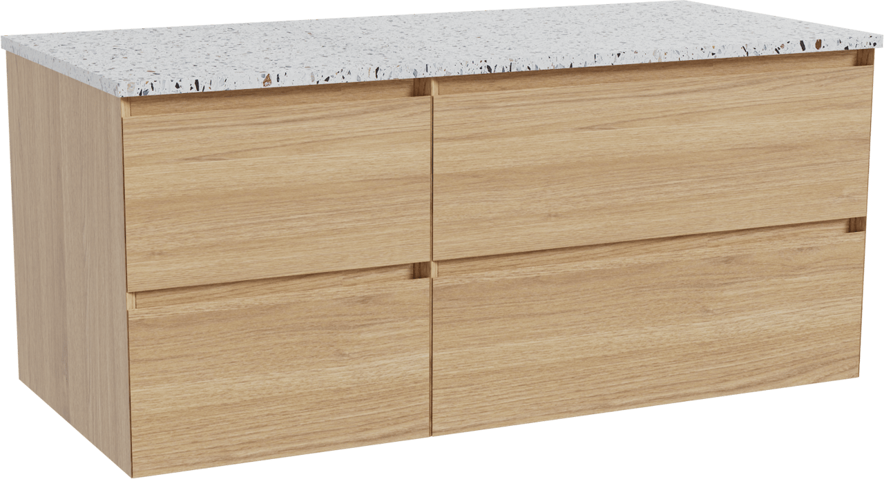 Balmani Mitra meuble salle de bains suspendu 120 x 55 cm chêne naturel avec Stretto tablette simple ou double en blanc/noir mat terrazzo