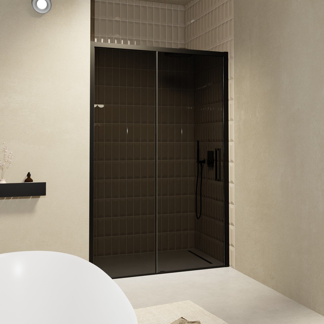 Balmani Senses Design Dusche Schiebetür, umkehrbar, 160 cm x 210 cm, Rauchglas, Profil Schwarz