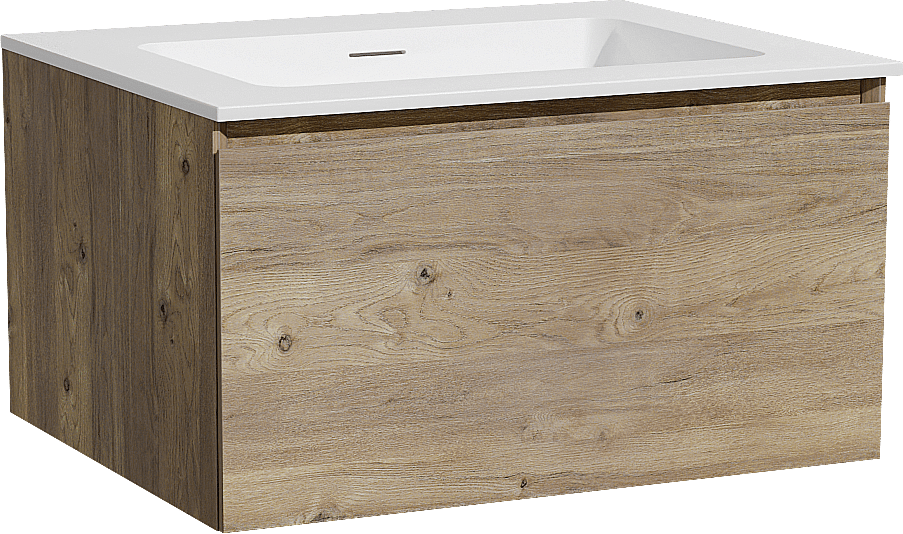 Storke Edge zwevend badkamermeubel 65 x 52 cm ruwe eik met Mata enkele wastafel in solid surface mat wit