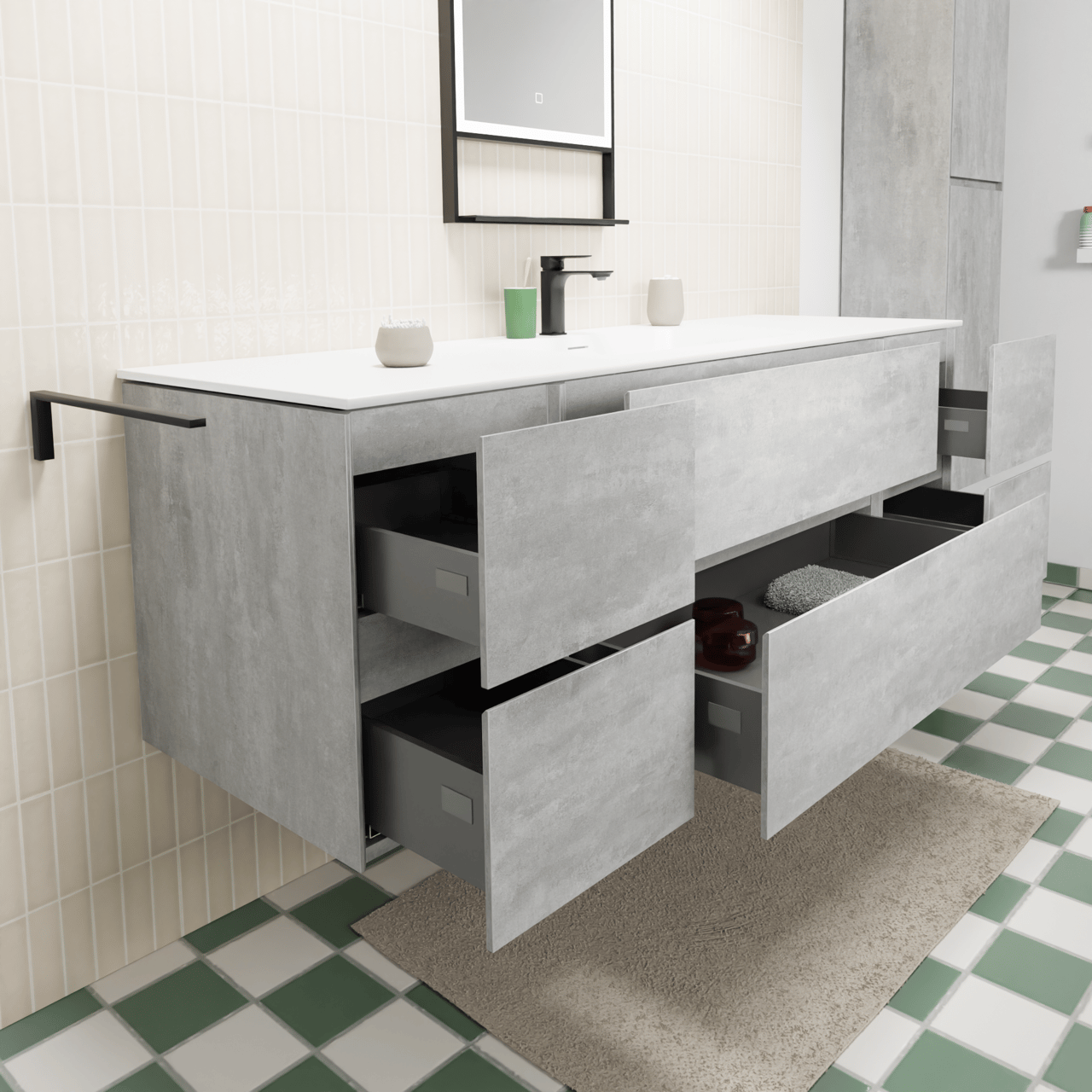 Storke Edge zwevend badkamermeubel 165 x 52 cm beton donkergrijs met Mata enkele wastafel in solid surface mat wit