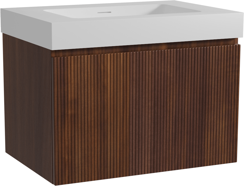 Storke Ribs zwevend badmeubel 75 x 52 cm notenhout met Mata High enkele wastafel in solid surface mat wit, Verticale symmetrische rechte ribbel