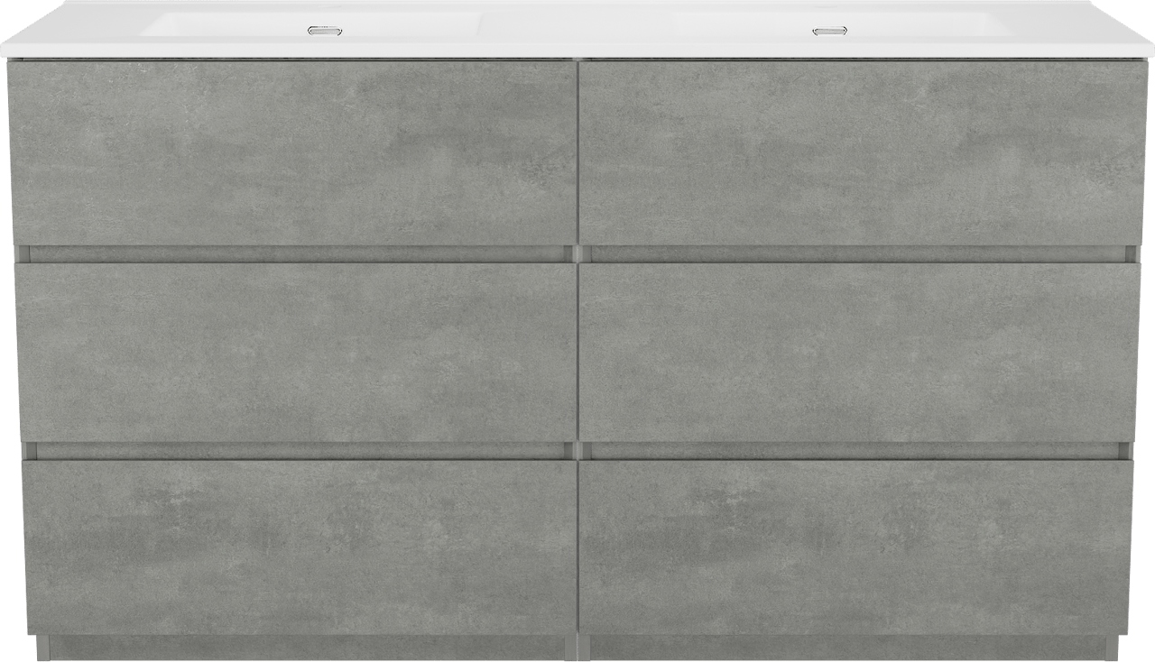 Storke Edge staand badkamermeubel 150 x 52 cm beton donkergrijs met Kera dubbele wastafel in porselein mat wit, afvoerpluggen inbegrepen