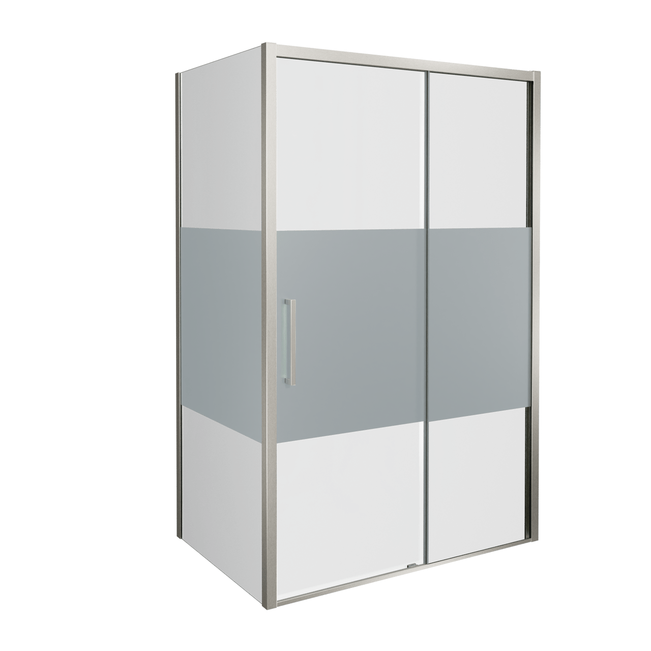 Balmani Senses Design Eckdusche: Schiebetür (Rechts) mit fixierte Seitenwand, 140 x 90 cm, Klarglas mit mattiertem Streifen, Profil Brushed CoolMetal
