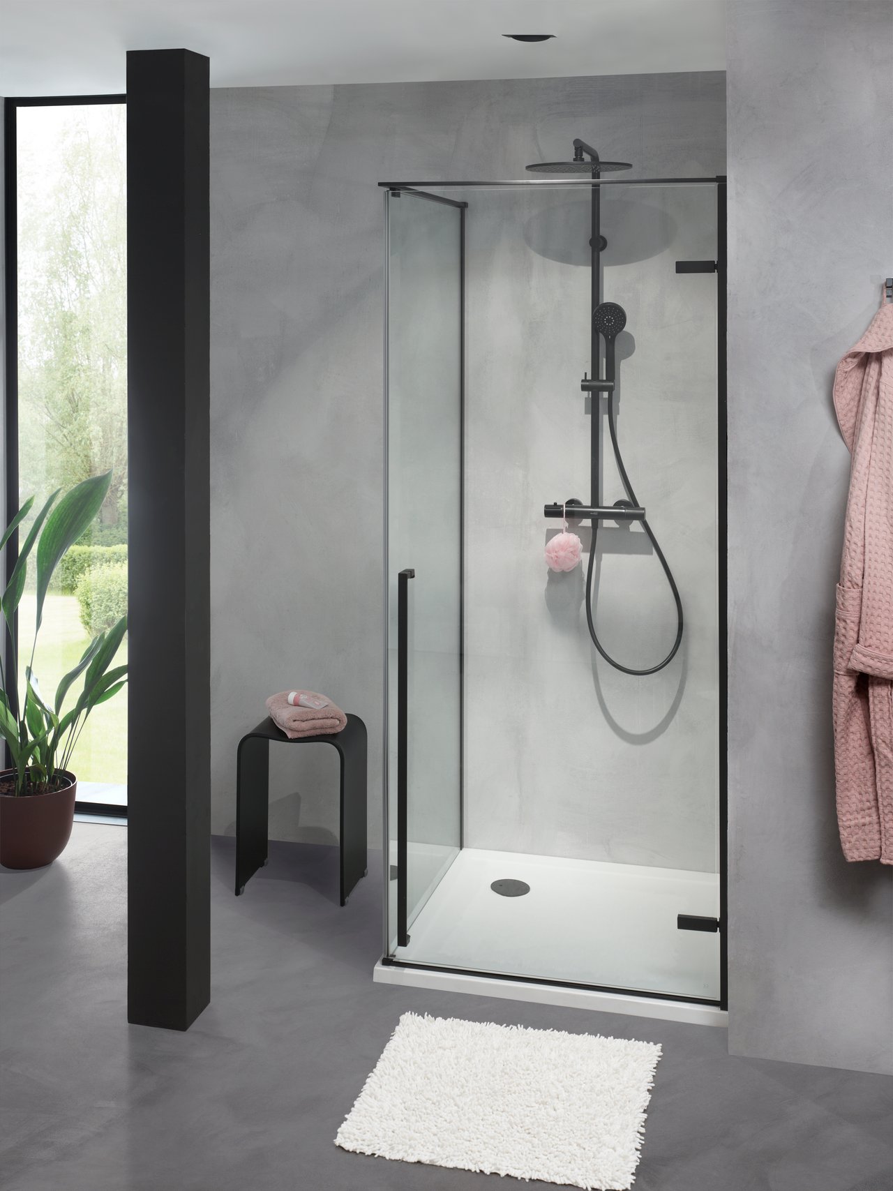 Luca Varess Stilus paroi de douche avec porte pivotante droite et paroi latérale fixe 90 x 90 cm verre transparent profil noir mat