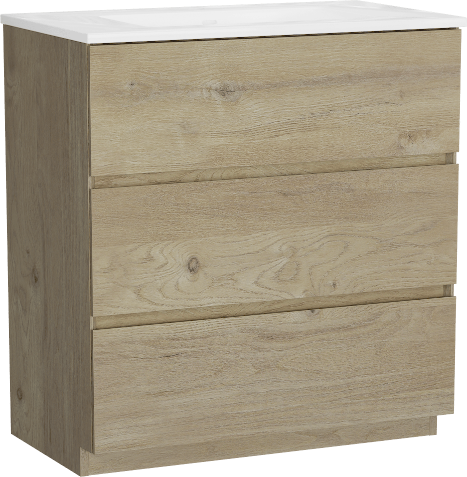 Storke Edge freistehendes Möbelstück Set: 80 x 46 cm, Rohe Eiche, mit Bilia Einzelwaschtisch, Marmorkomposit Weiß glänzend