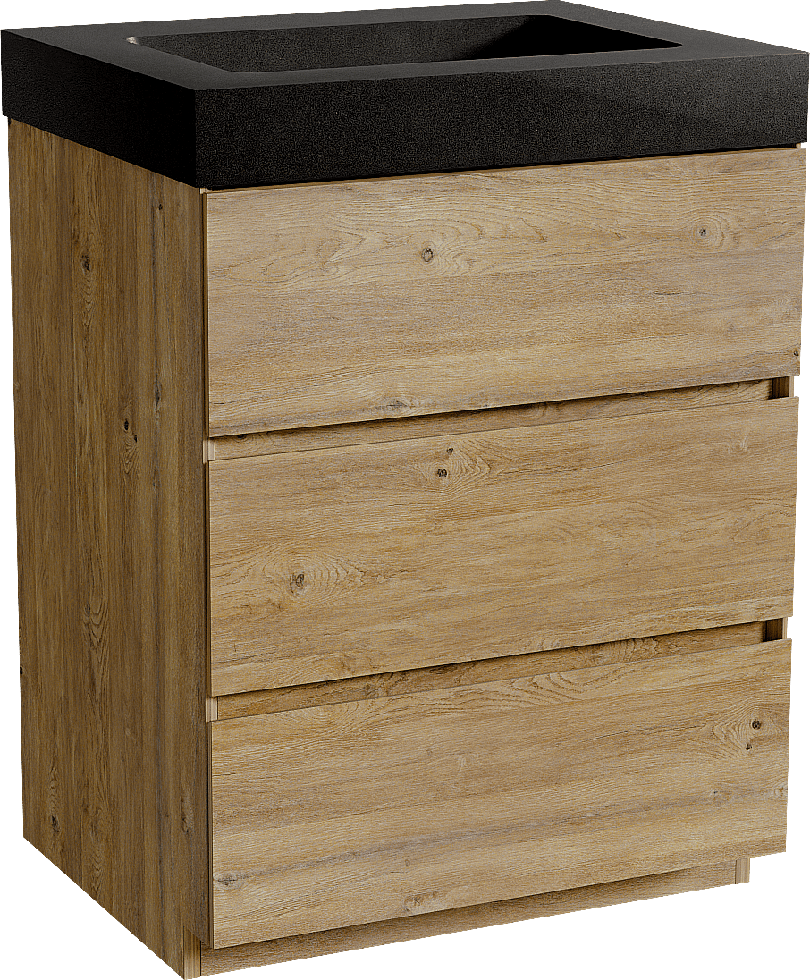 Storke Edge staand badkamermeubel 65 x 52 cm ruwe eik met Scuro High enkele wastafel in kwarts mat zwart