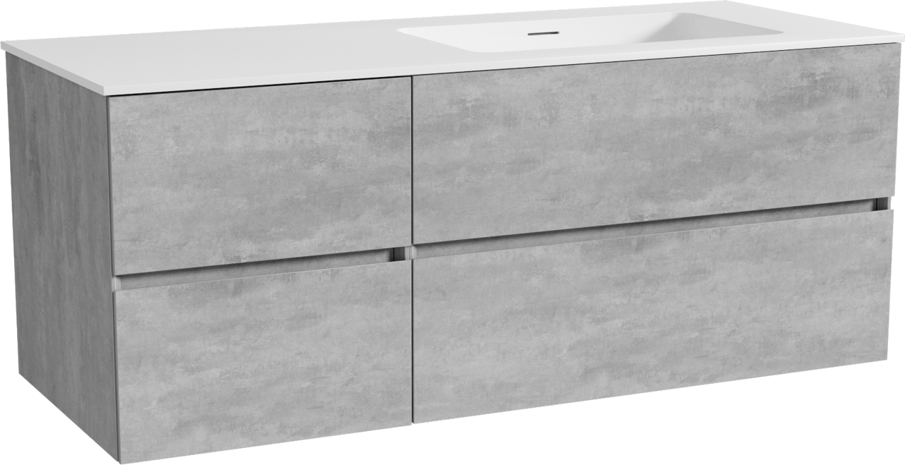 Storke Edge meuble salle de bains suspendu 130 x 52 cm béton gris foncé avec Mata plan vasque asymétrique à droite en solid surface blanc mat