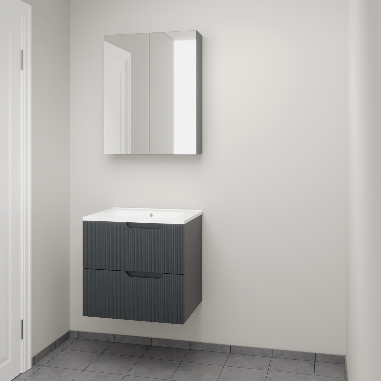 Linie Ribbo zwevend badkamermeubel 60 x 46 cm blauw antraciet met Vano enkele wastafel in composietmarmer mat wit, Verticale symmetrische ronde ribbel en Montro spiegelkast