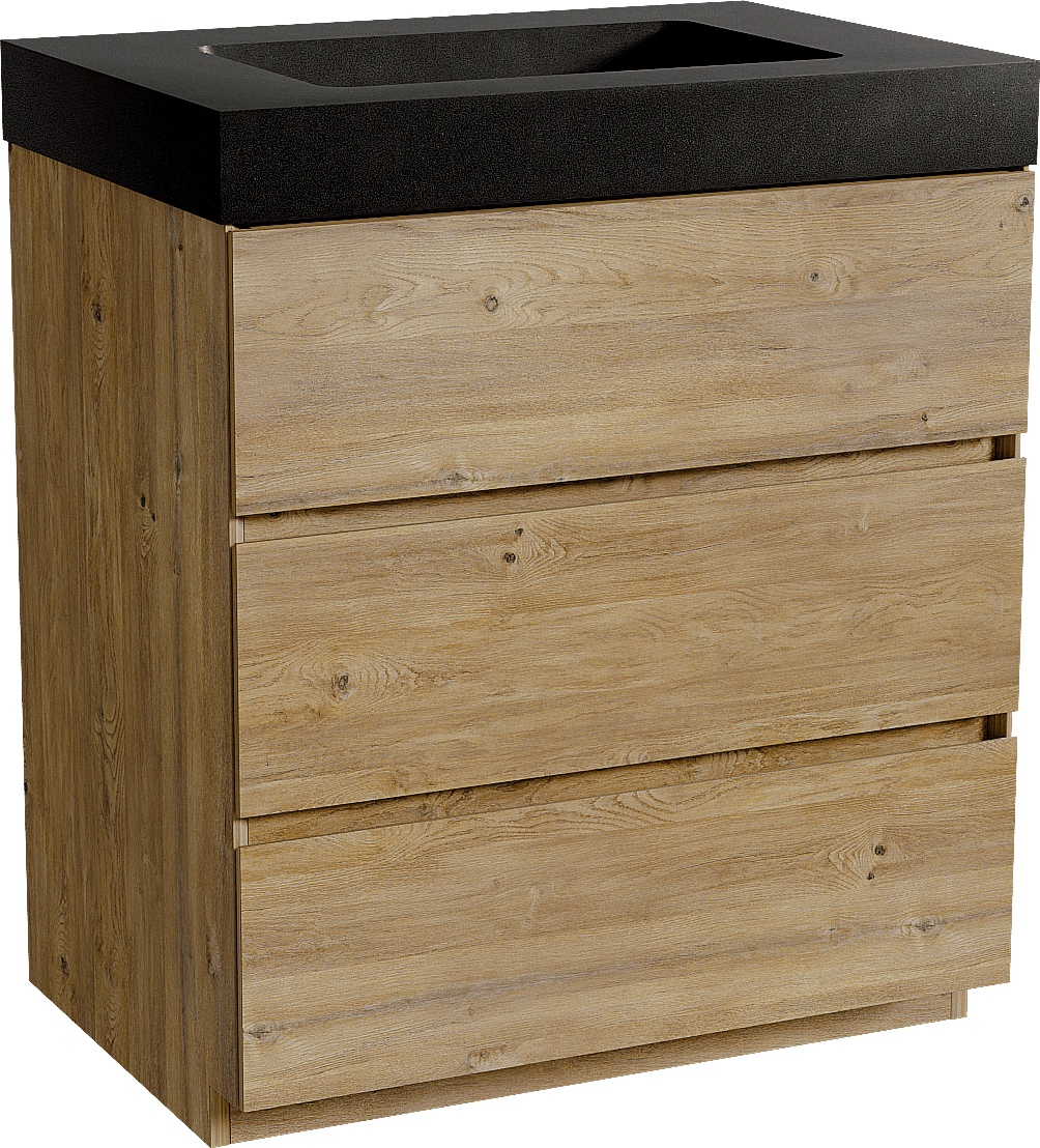 Storke Edge staand badkamermeubel 75 x 52 cm ruwe eik met Scuro High enkele wastafel in kwarts mat zwart