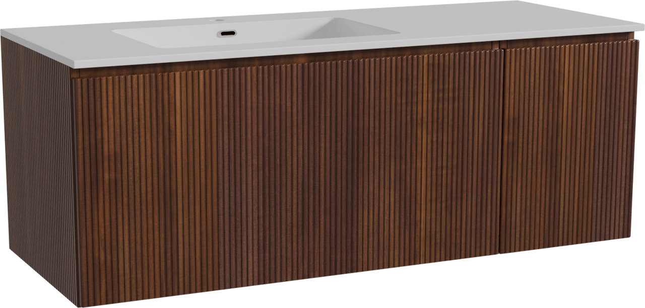 Storke Ribs zwevend badmeubel 130 x 52 cm notenhout met Diva asymmetrisch linkse wastafel in composietmarmer hoogglans wit, Verticale symmetrische rechte ribbel