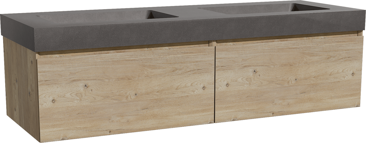 Storke Edge zwevend badkamermeubel 150 x 52 cm ruwe eik met Scuro High dubbele wastafel in kwarts mat zwart