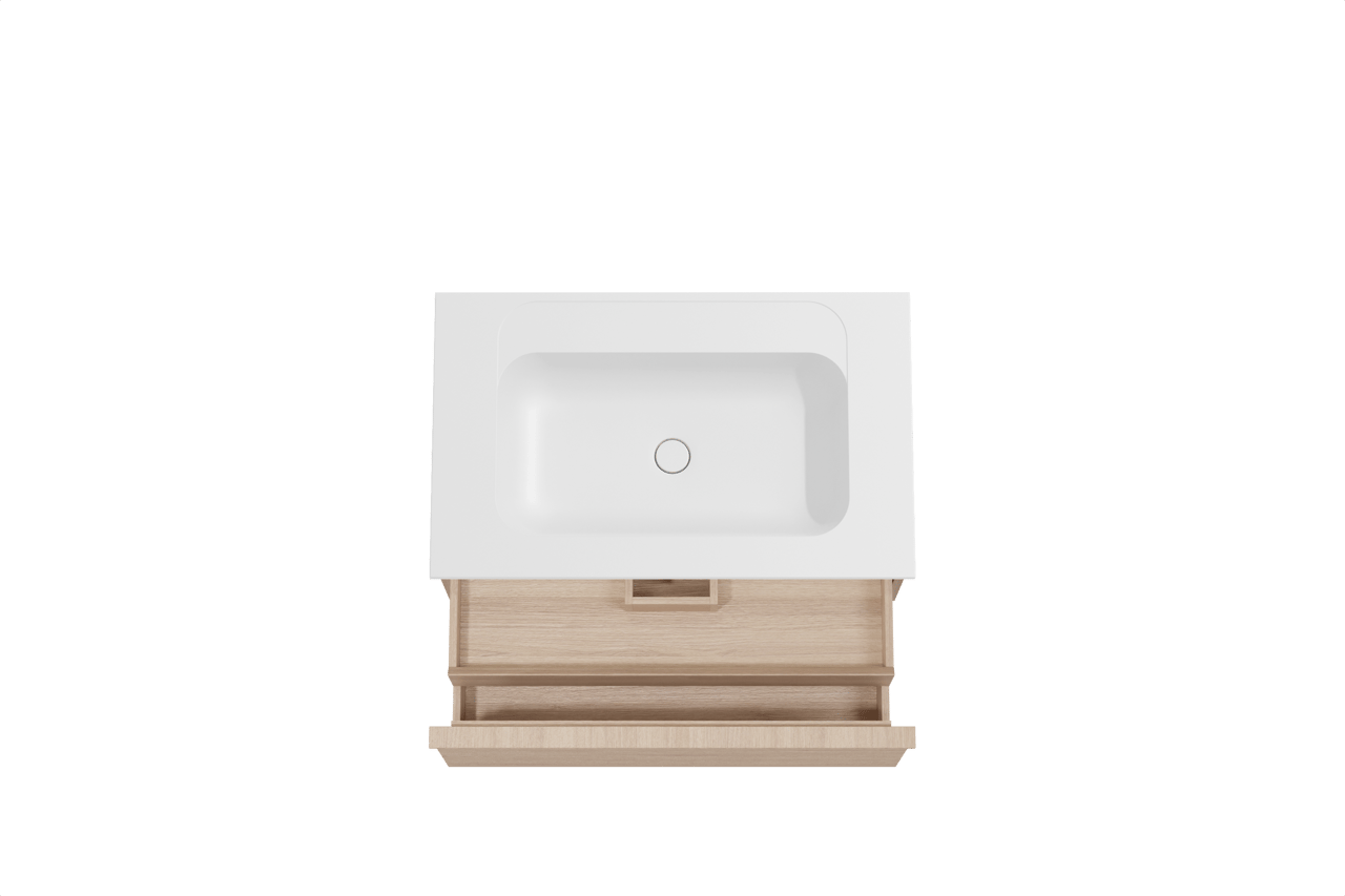Balmani Forma meuble salle de bains suspendu 90 x 55 cm chêne naturel avec Tablo Strada plan simple en marbre composite blanc mat, Nervure droite symétrique horizontale