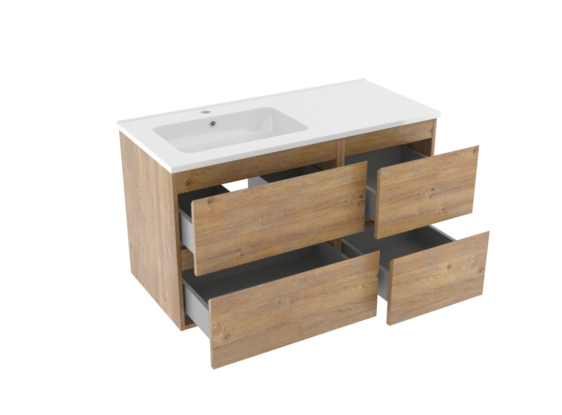 Linie Lado zwevend badmeubel 100 x 46 cm naturel eiken met Vano asymmetrisch linkse wastafel in composietmarmer hoogglans wit