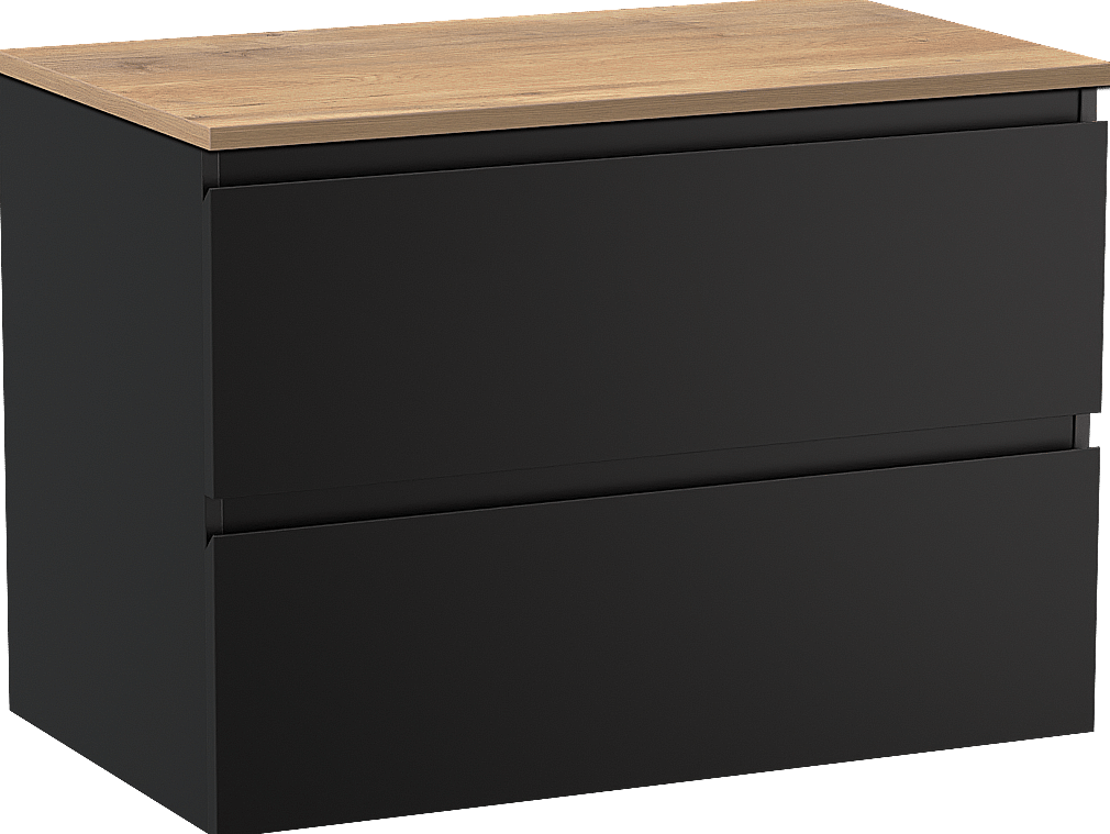 Linie Lado hängendes Möbelstück Set: 80 x 46 cm, Schwarz matt, mit Lado Einzel Waschtischplatte, Melamin Naturbelassene Eiche