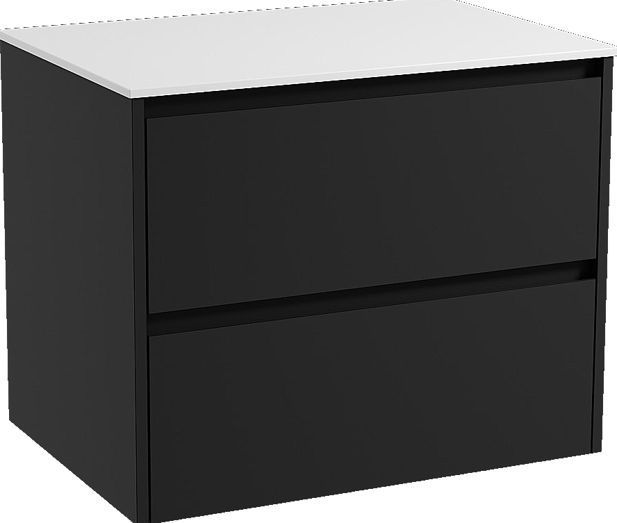 Storke Seda hängendes Möbelstück Set: 75 x 52 cm, Schwarz matt, mit Tavola Einzel Waschtischplatte, Solid Surface Weiß matt