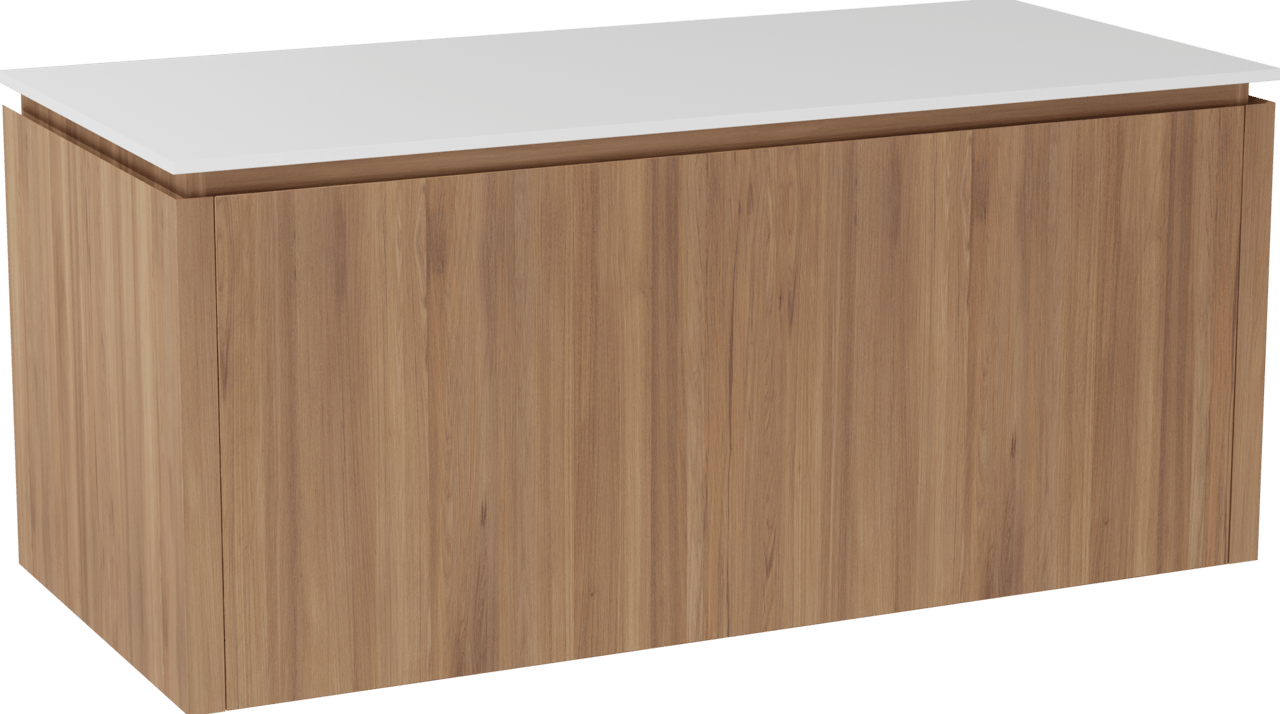 Balmani Eclips meuble salle de bains suspendu 120 x 55 cm Teck avec Stretto tablette simple ou double en Solid Surface blanc mat