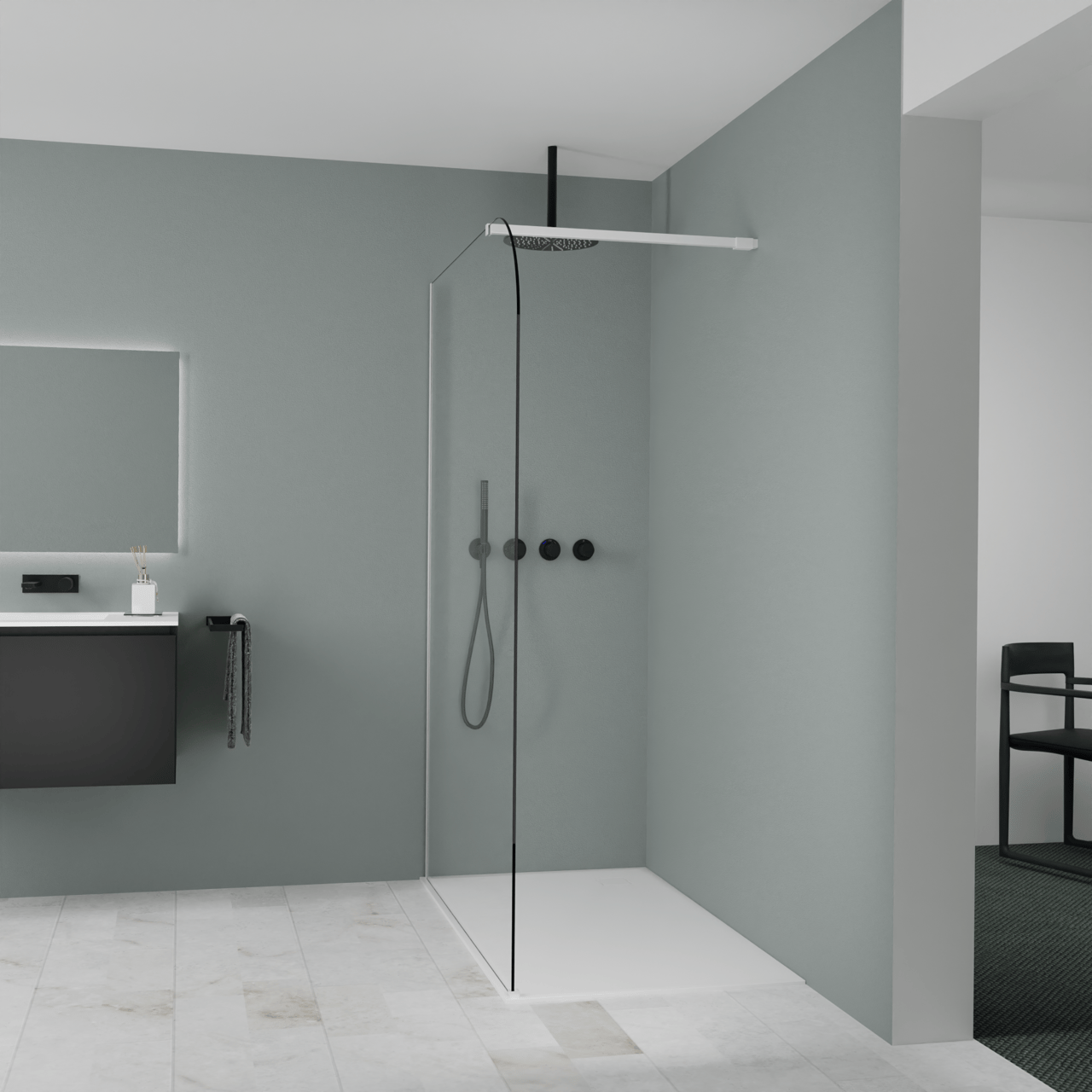 Balmani Modular douche à l'italienne: 140 x 200 cm, Verre transparent arrondi, avec coating, Profil Blanc mat