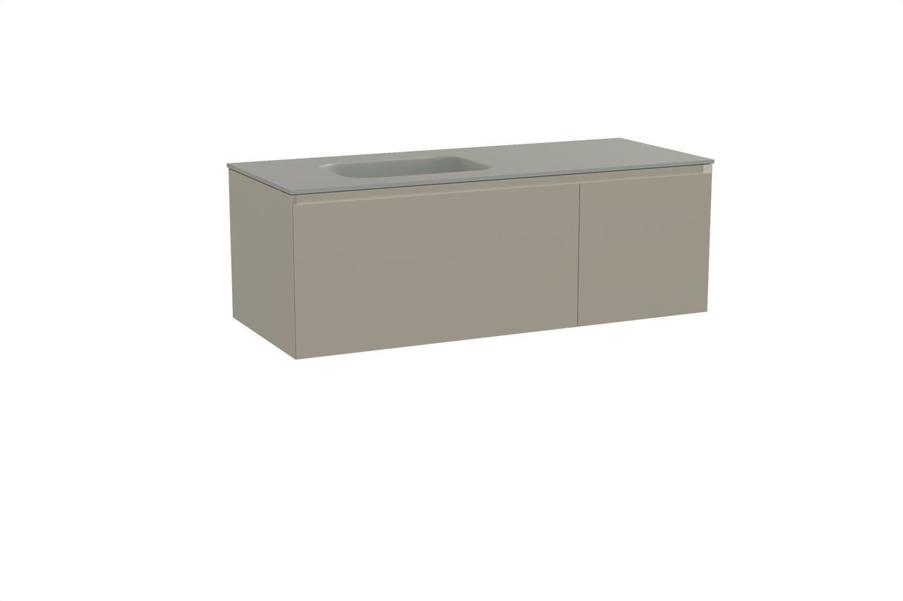 Balmani Idra by Mitra meuble salle de bains suspendu 135 x 55 cm gris pierre avec Tablo Arcato plan vasque asymétrique à gauche en solid surface gris pierre