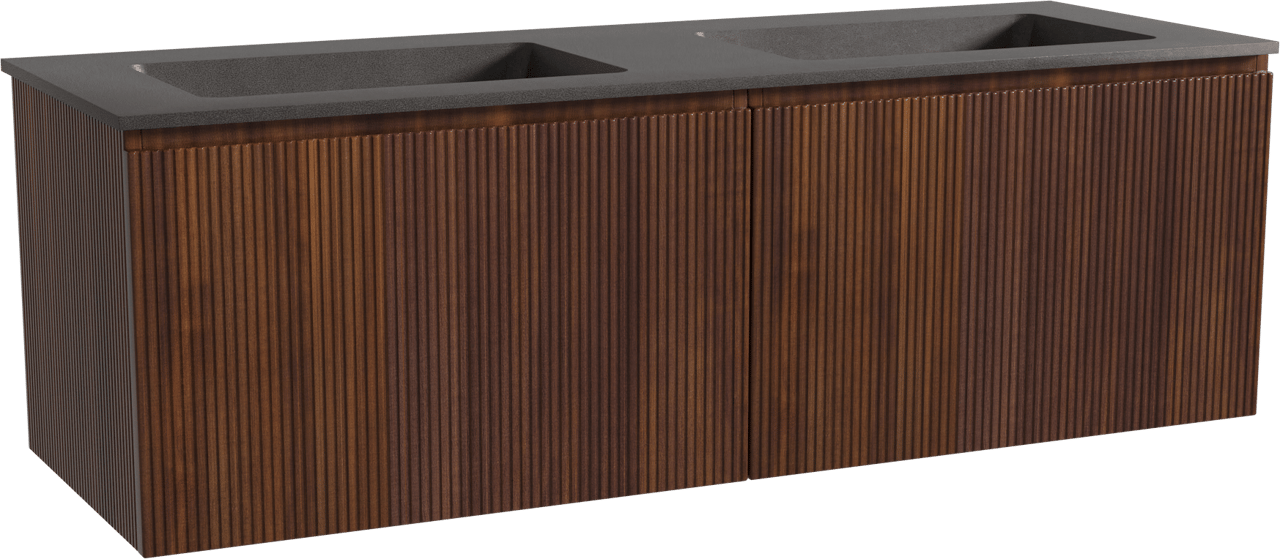 Storke Ribs zwevend badmeubel 150 x 52 cm notenhout met Scuro dubbele wastafel in kwarts mat zwart, Verticale symmetrische rechte ribbel
