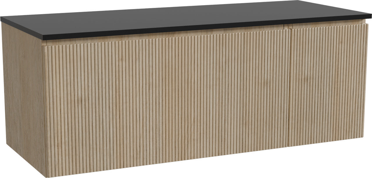Storke Ribs zwevend badkamermeubel 130 x 52 cm ruwe eik met Panton enkel of dubbel tablet in gepoedercoate mdf mat zwart, Verticale symmetrische rechte ribbel