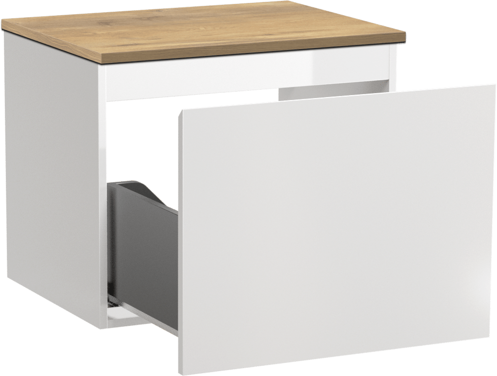 Linie Lado zwevend badmeubel 60 x 46 cm hoogglans wit met Lado enkel wastafelblad in melamine naturel eiken