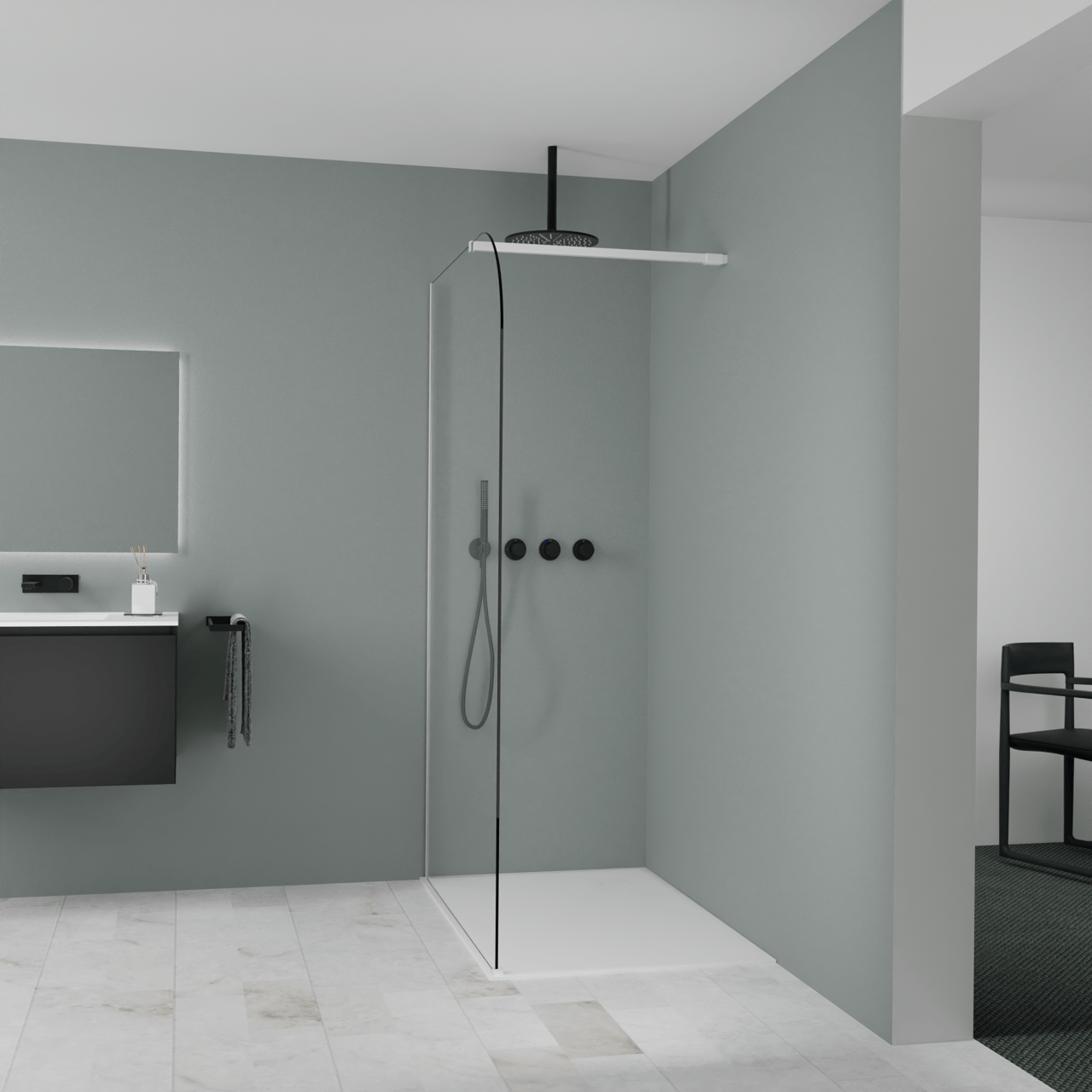Balmani Modular douche à l'italienne: 120 x 200 cm, Verre transparent arrondi, avec coating, Profil Blanc mat