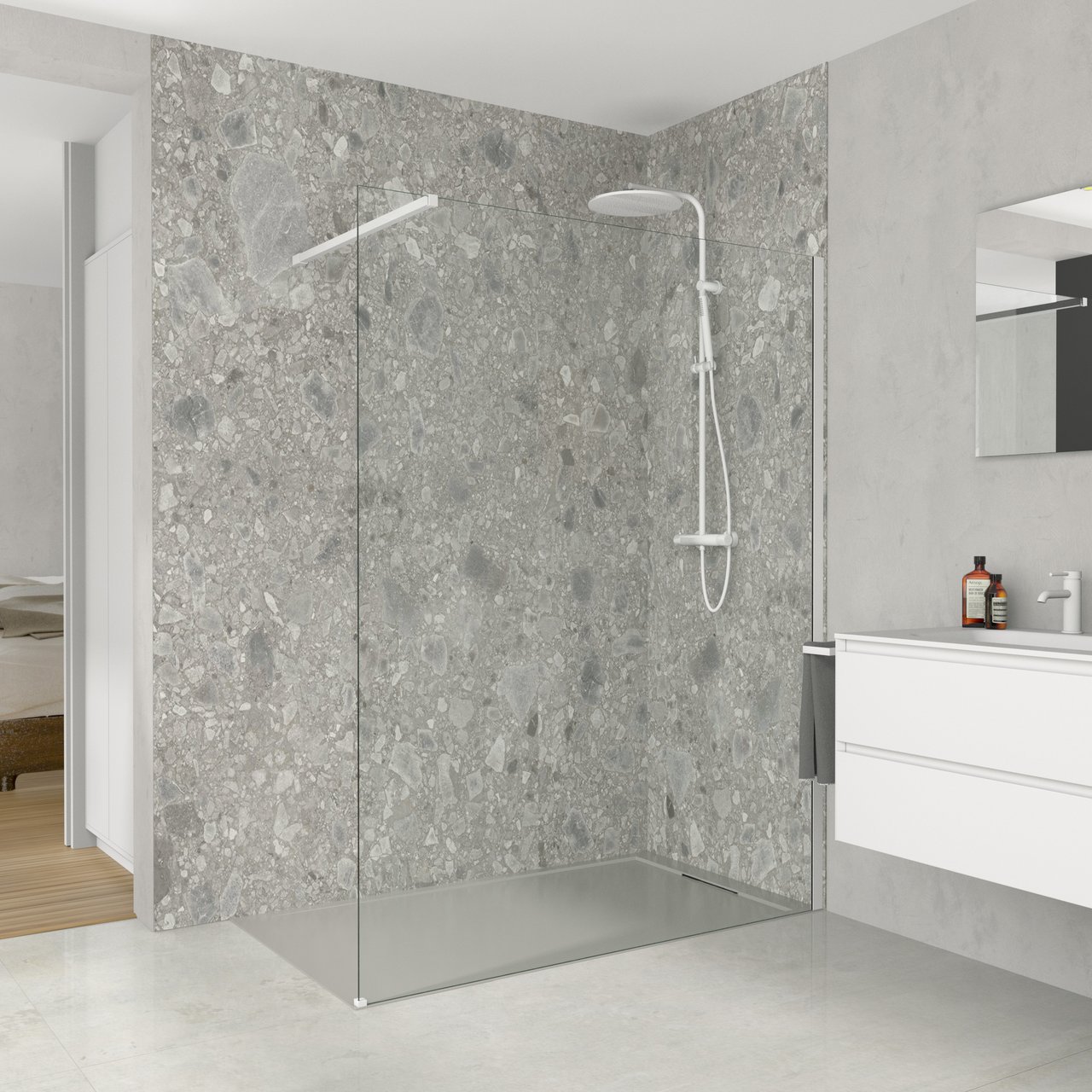 Balmani Modular douche à l'italienne 150 x 200 cm verre transparent profil blanc mat