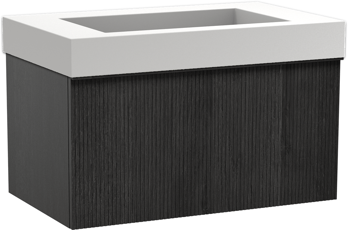 Balmani Forma zwevend badmeubel 90 x 55 cm zwart eiken met Modus enkele wastafel in solid surface mat wit, Verticale symmetrische rechte ribbel