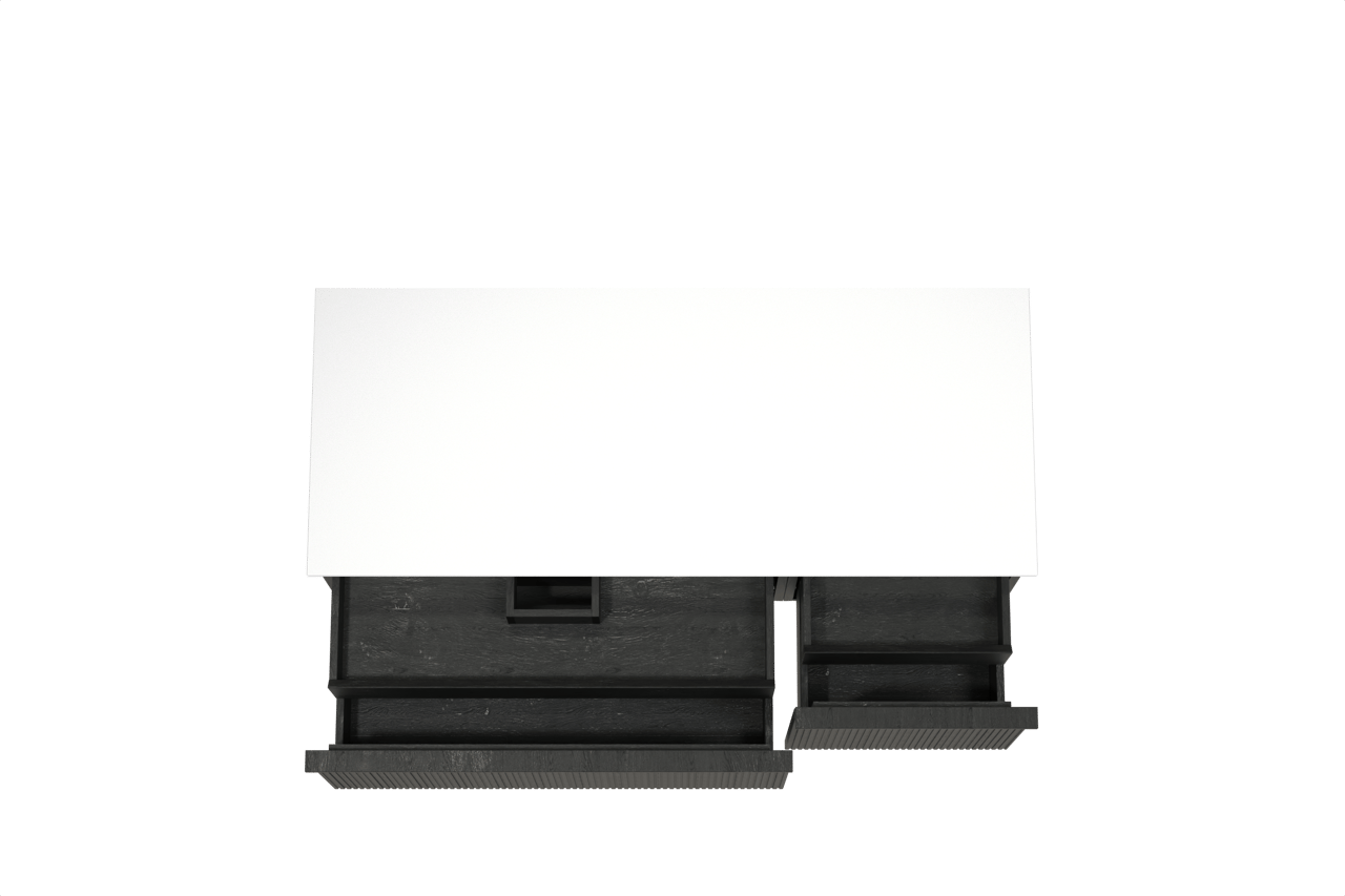 Balmani Forma zwevend badkamermeubel 135 x 55 cm zwarte eik met Stretto enkel of dubbel tablet in solid surface mat wit, Verticale symmetrische rechte ribbel