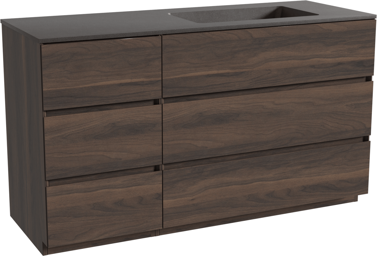 Storke Edge staand badkamermeubel 140 x 52 cm notelaar met Scuro asymmetrisch rechtse wastafel in kwarts mat zwart