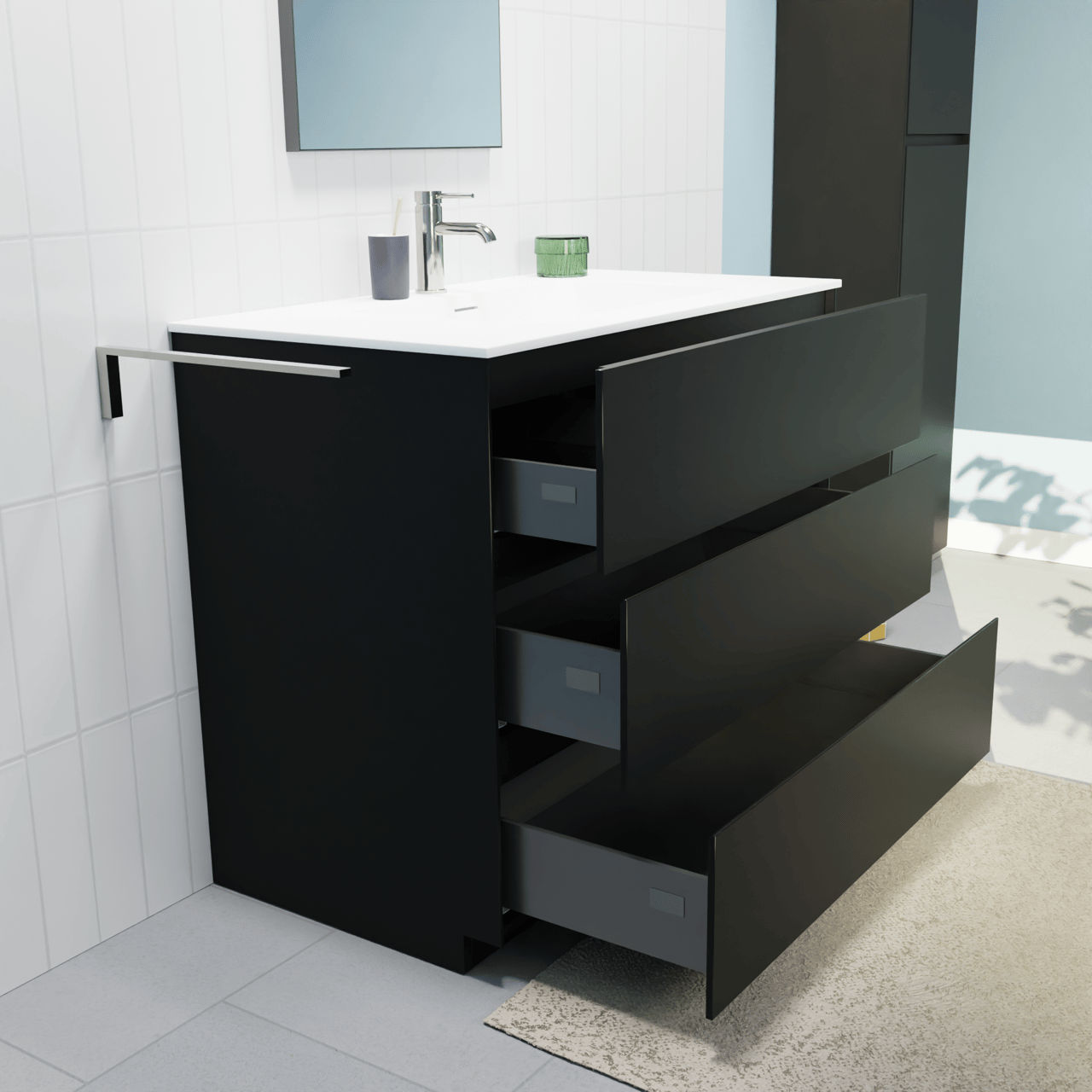 Storke Edge staand badkamermeubel 95 x 52 cm mat zwart met Mata enkele wastafel in solid surface mat wit