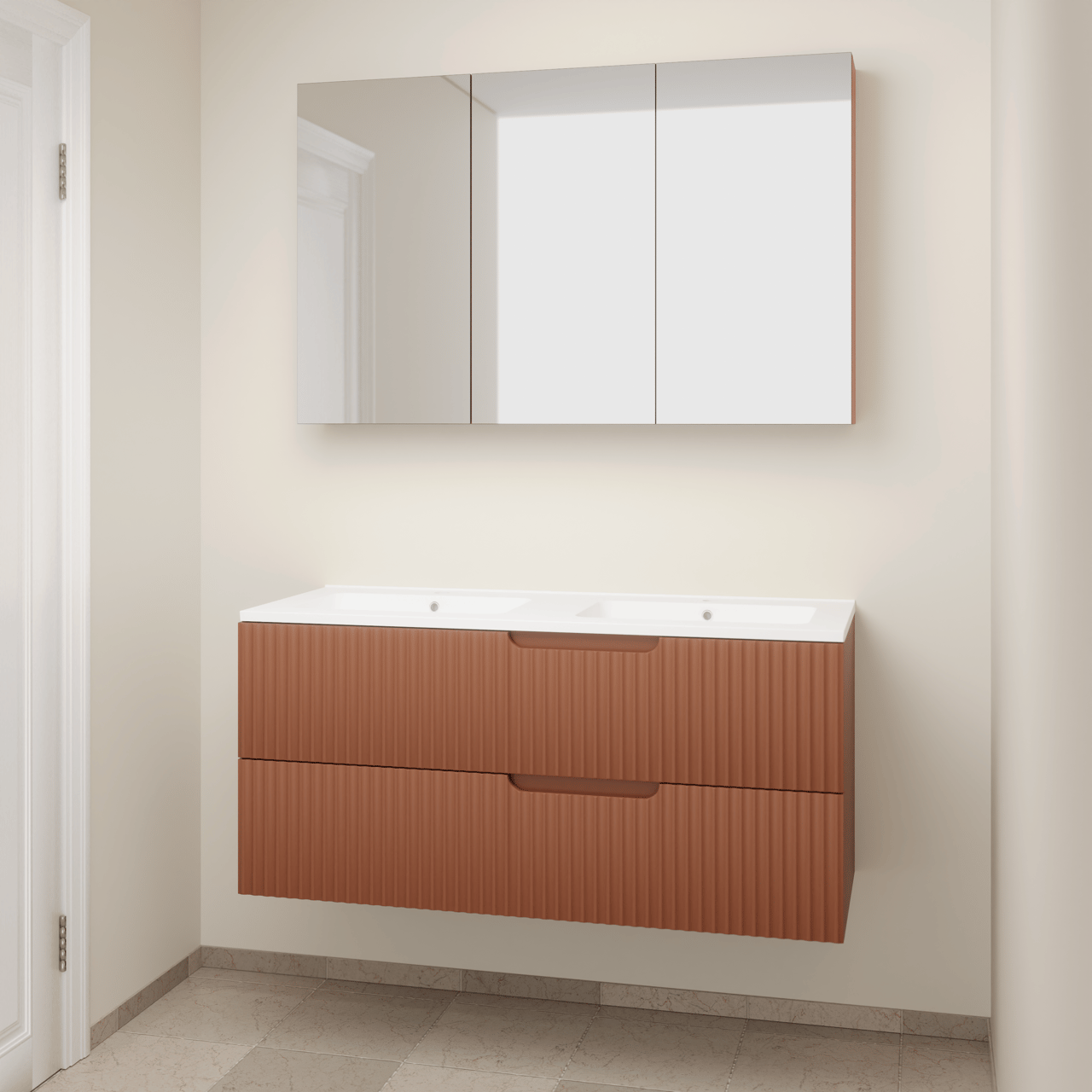 Linie Ribbo hängendes Möbelstück Set: 120 x 46 cm, Cotto, mit Vano Doppelwaschtisch, Marmorkomposit, Weiß matt, Vertikale symmetrische runde Rippe und Montro Spiegelschrank