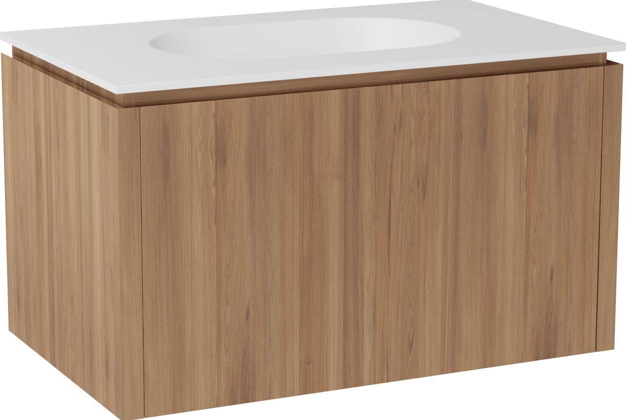 Balmani Eclips hängendes Möbelstück Set: 90 x 55 cm, Teak, mit Tablo Oval Einzelwaschtisch Solid Surface Weiβ matt