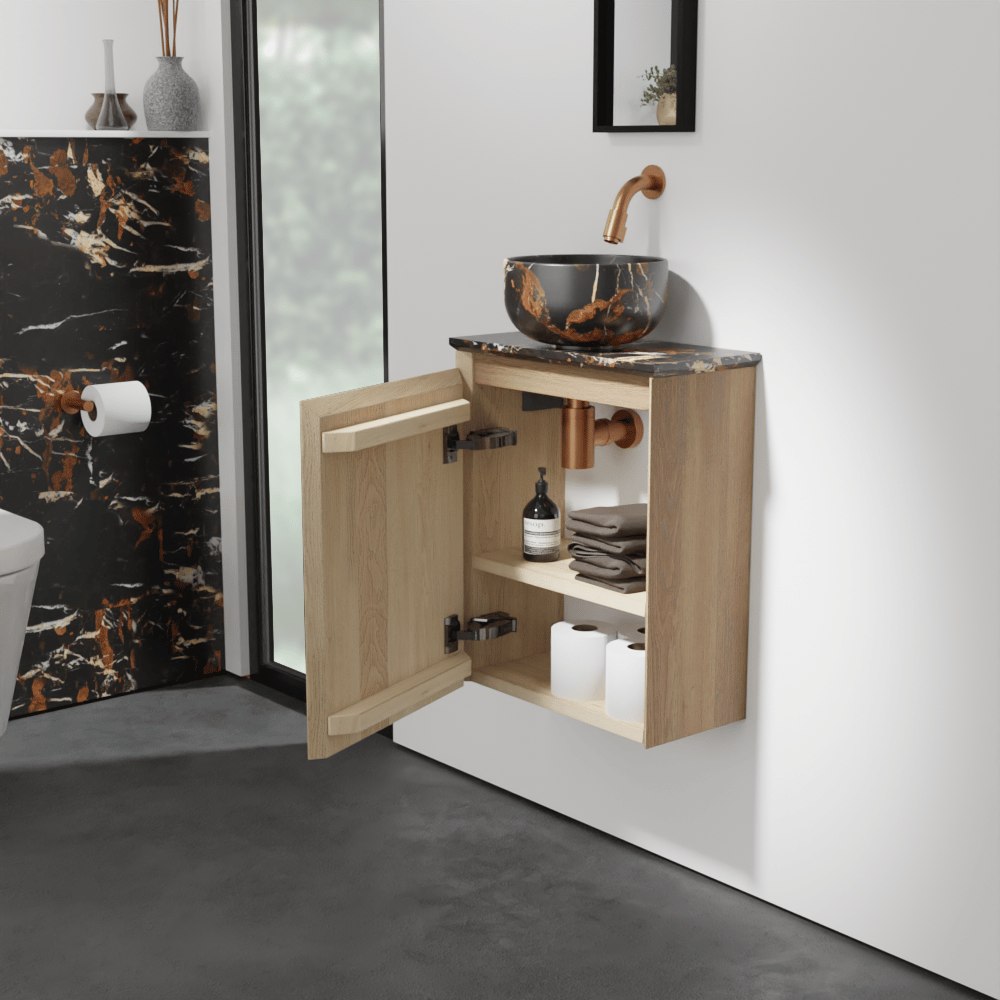 Balmani Mitra meuble wc suspendu 42 x 21 cm chêne naturel avec Facetta tablette et Bowl vaque à poser en marbre Portoro Gold